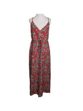 Luna Tuccini Floral Maxi Dress Womens Size 8 Red V Neck Boho Cottage Resortwear
